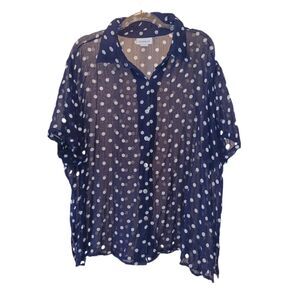 Avenue Sheer Navy and White Polka Dot Blouse Size 26/28 Summer Cool Officewear